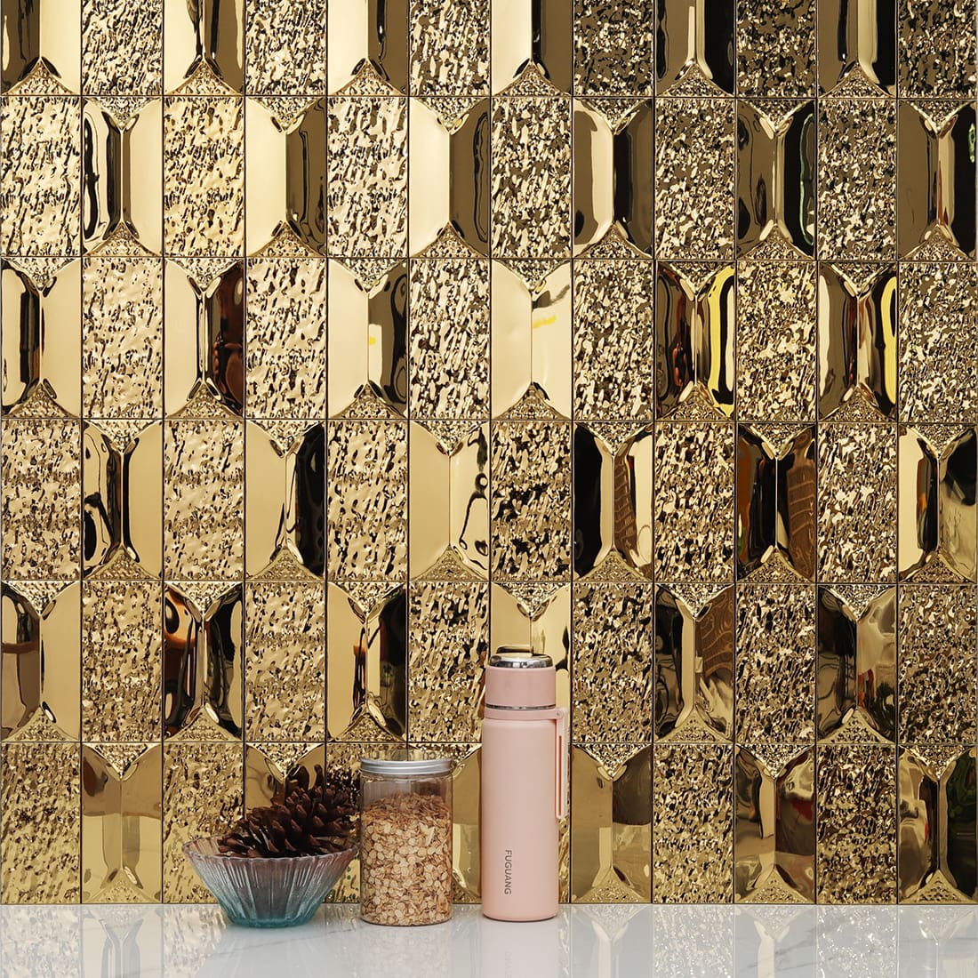 Gold rectangular metal mosaic kitchen wall with luxury reflective finish