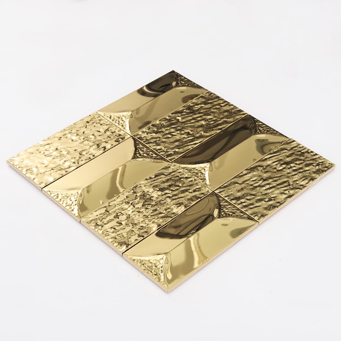 Gold rectangular metal mosaic tile edge with hammered texture