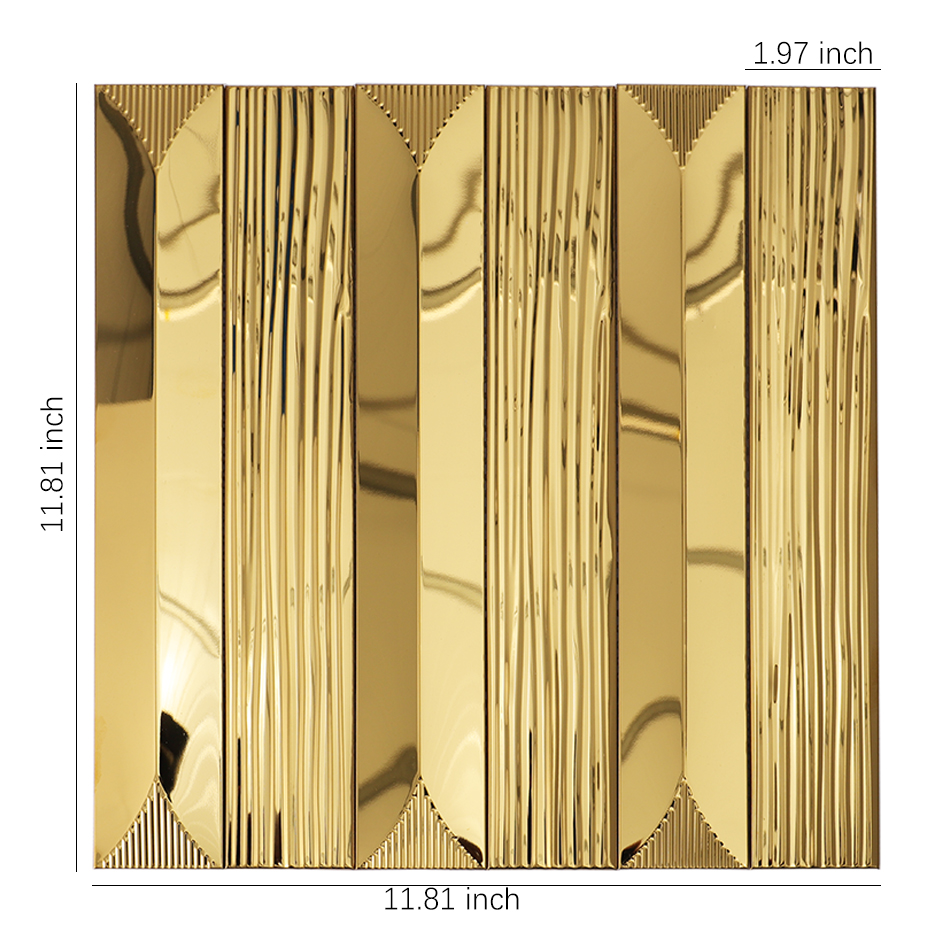 Gold reflective long strip metal wall tile sheet with size details