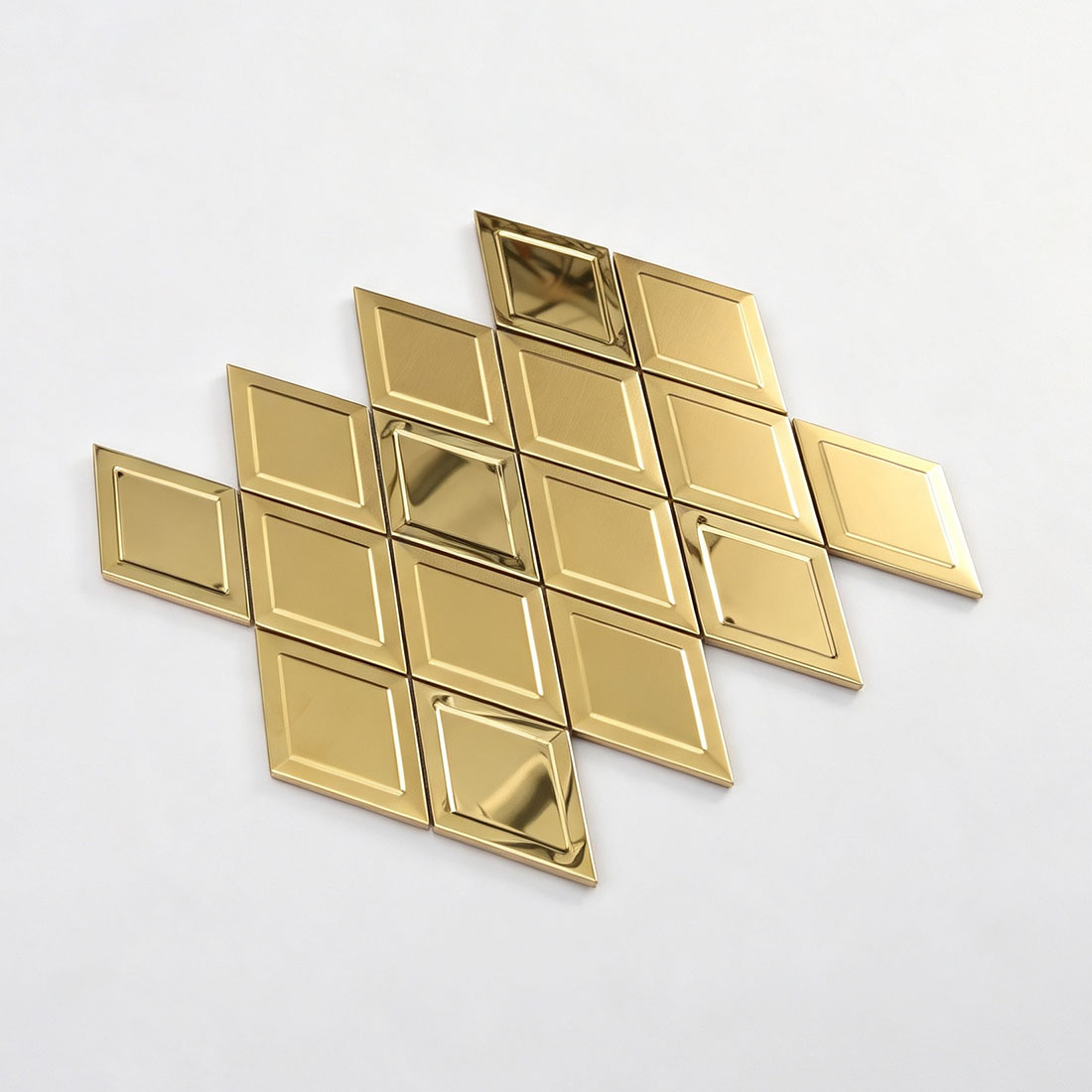 Perspective view of brushed and polished gold rhombus stainless steel mosaic