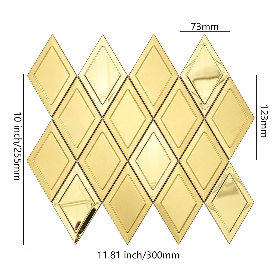 Gold rhombus stainless steel mosaic tile with sheet and chip dimensions