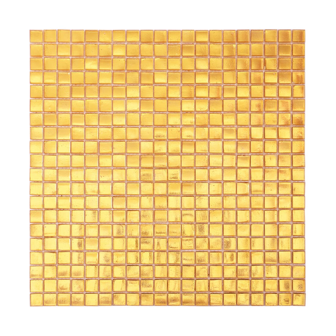 Full sheet of gold square foil glass mosaic tile on light background