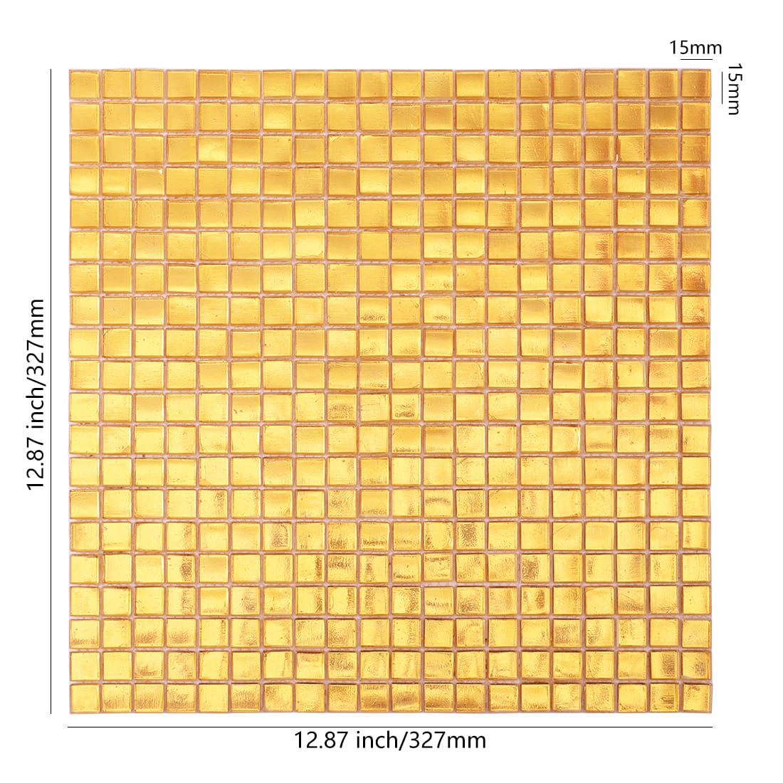 Gold square foil glass mosaic tile sheet with size details
