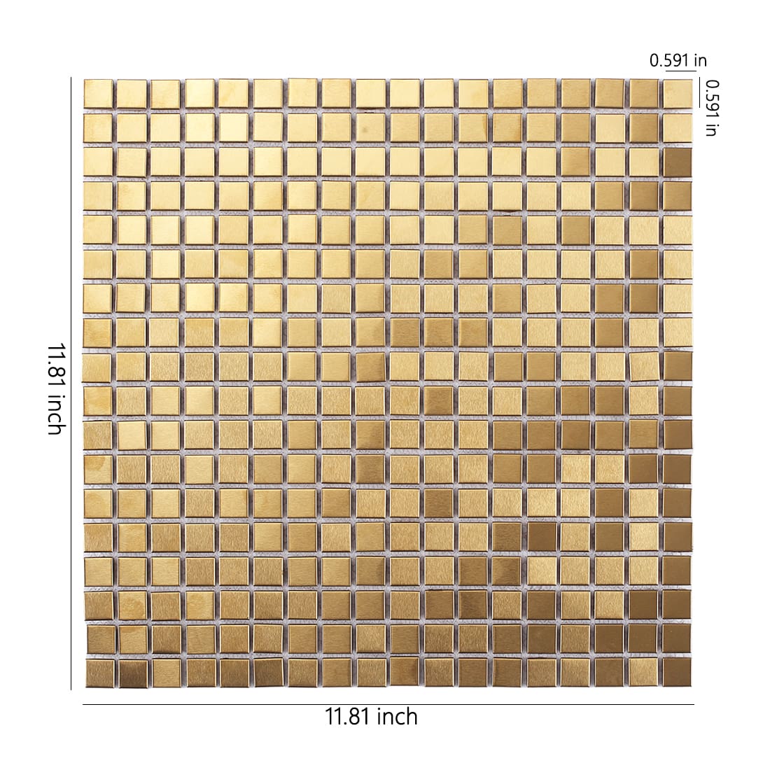 A sheet of gold square mosaic tiles with 11.81 inch dimensions and 0.591 inch tile size labeled.