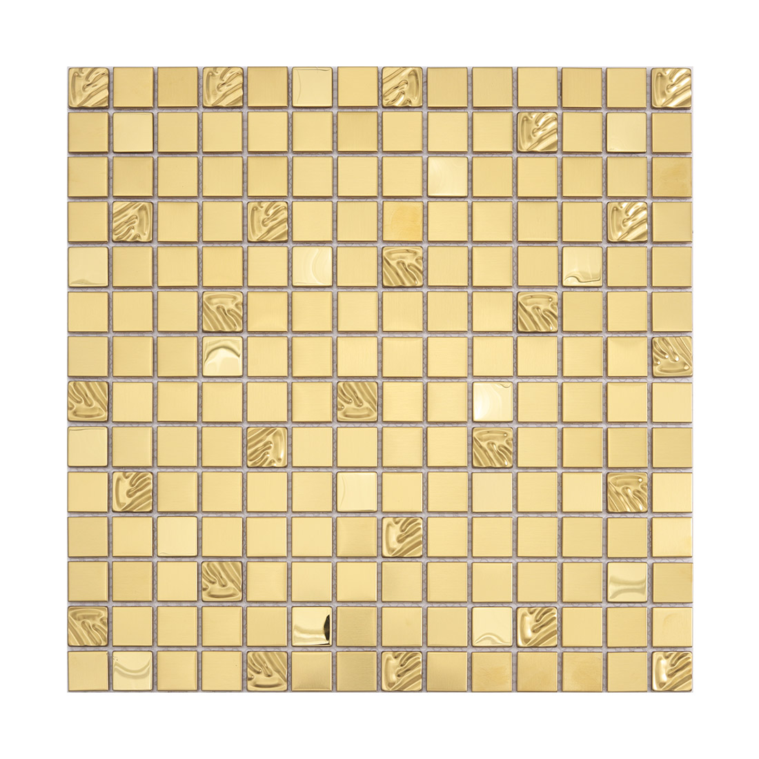 Full sheet of gold square metal mosaic tiles with mixed glossy and brushed finish