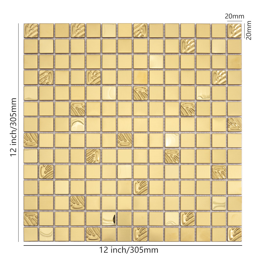 Gold square metal mosaic tile sheet with 20mm chips and 12 inch size