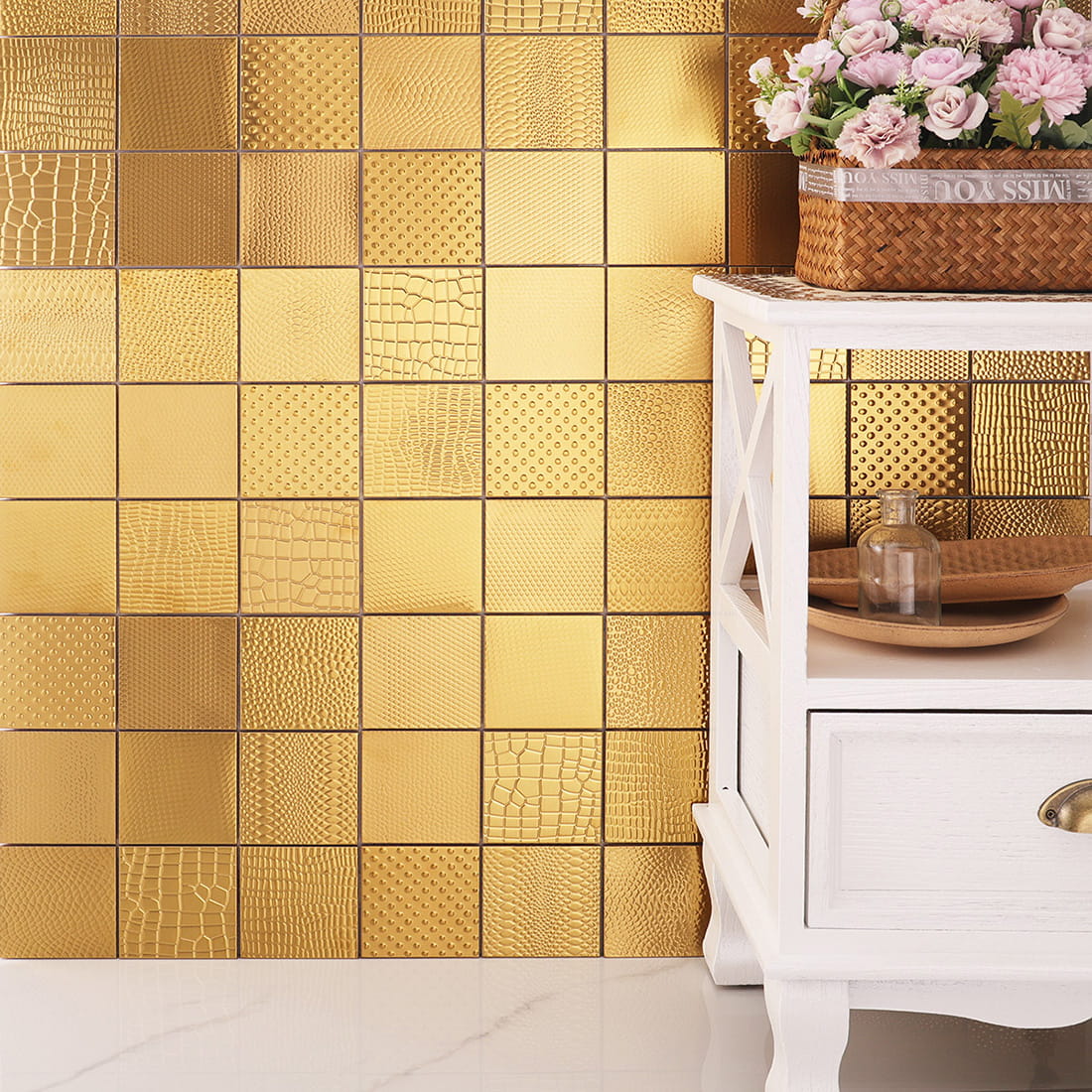 Gold square metal mosaic wall tiles styled in an elegant interior setting