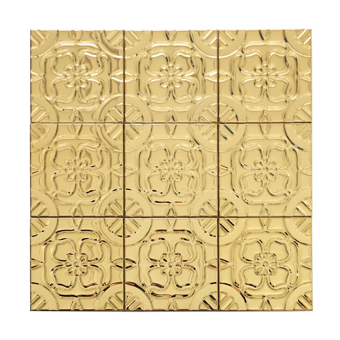 Full sheet of gold stainless steel embossed floral square mosaic tiles