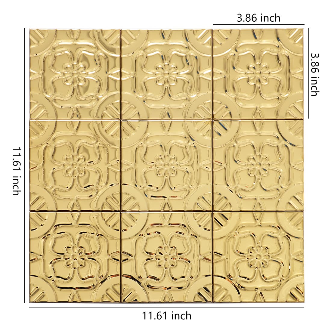 Gold stainless steel embossed floral square tile sheet with size details
