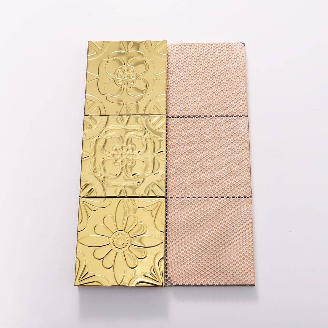 Front and mesh back view of gold stainless steel embossed mosaic tiles