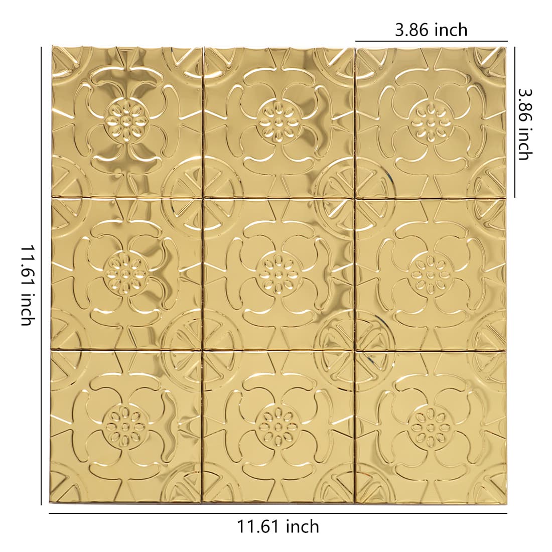 Full sheet of gold stainless steel floral embossed square mosaic tiles