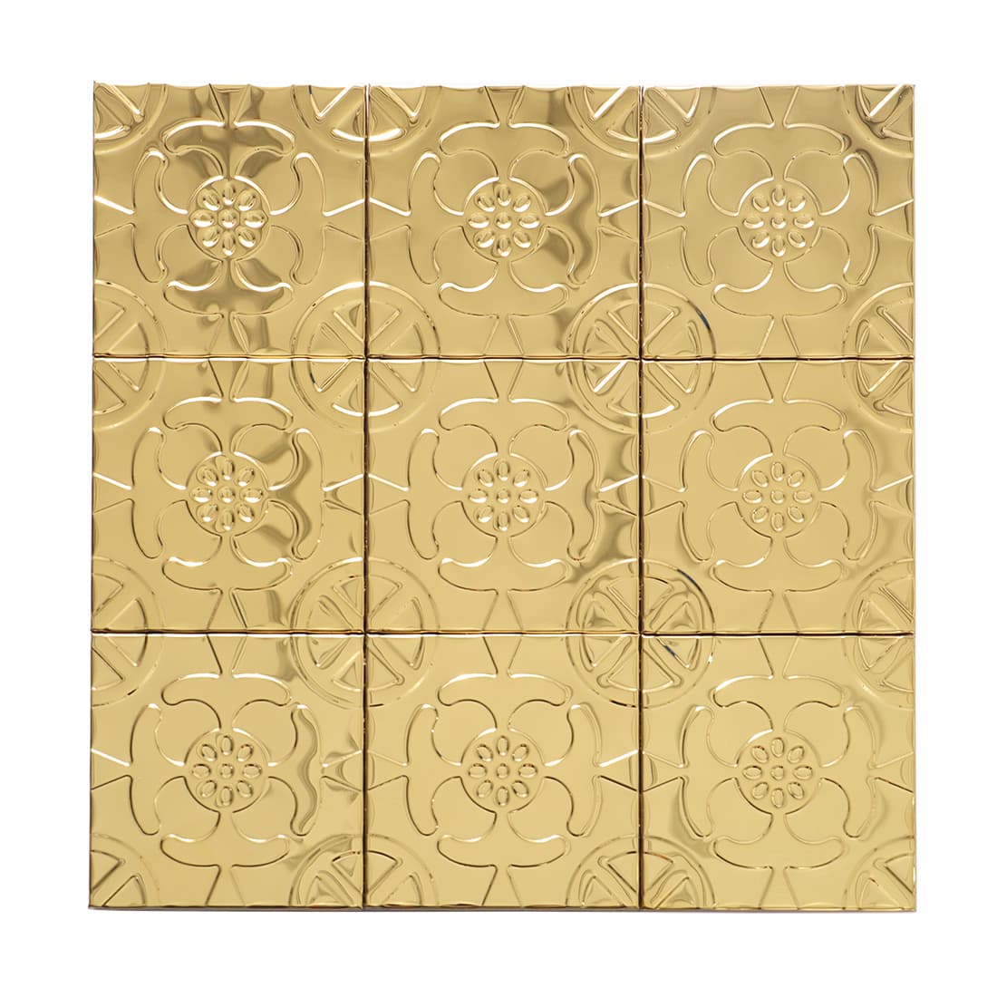 Gold stainless steel floral embossed square tile sheet with size details