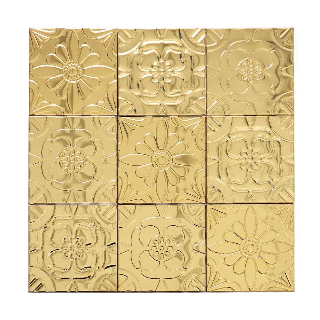 Full sheet of gold stainless steel mixed floral embossed mosaic tiles