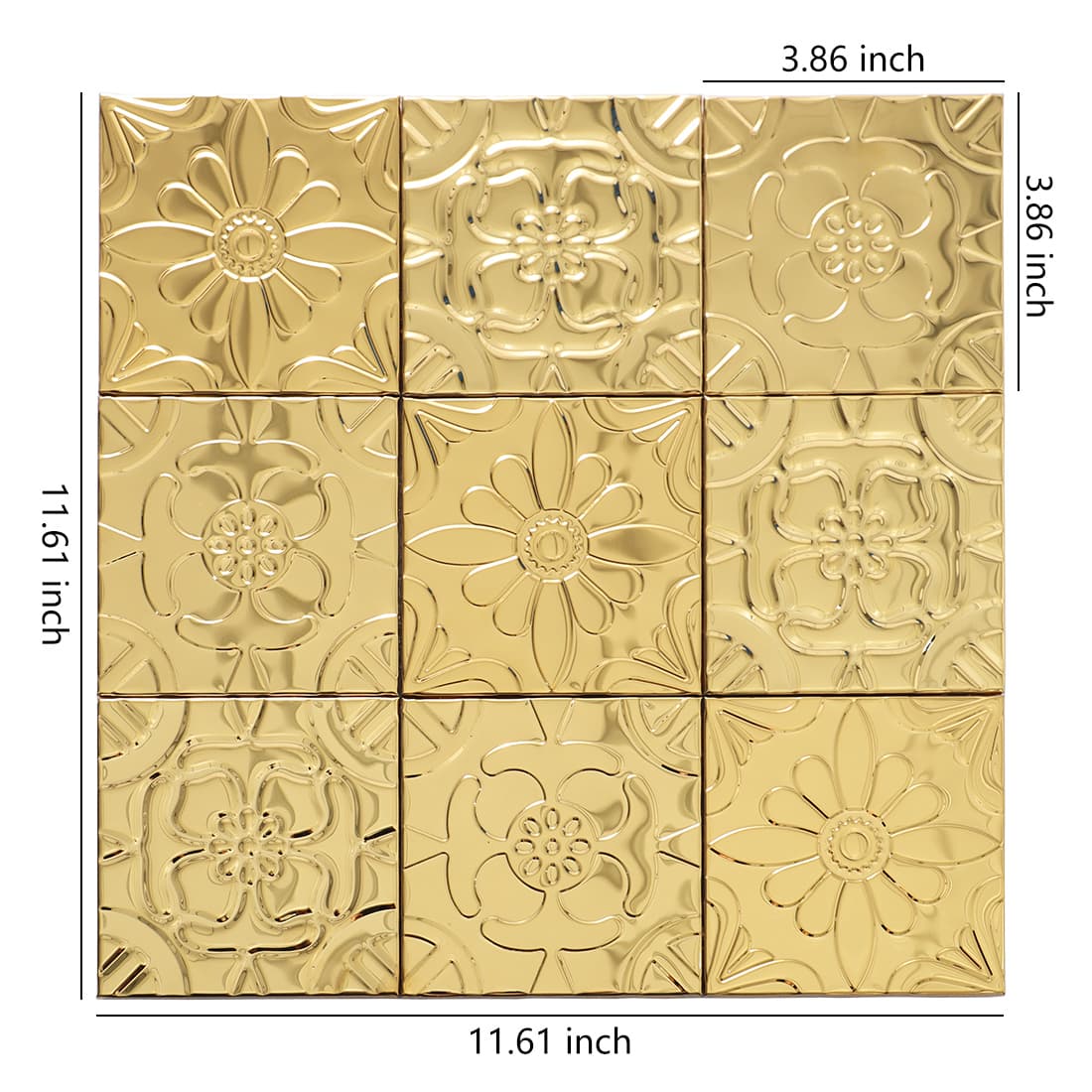 Gold stainless steel mixed floral embossed mosaic sheet with size details