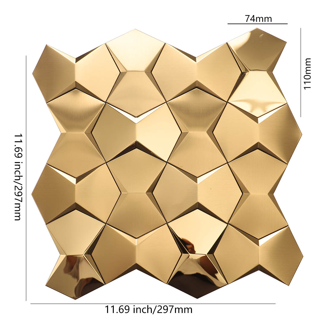 Gold star metal mosaic tile sheet with 74 x 110 mm pieces and size details