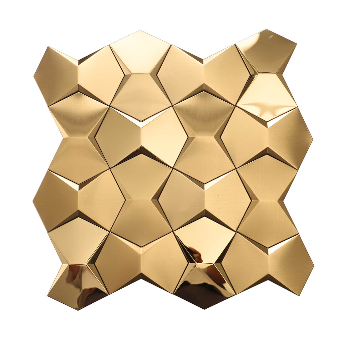 Gold star geometric metal mosaic tile sheet with brushed and mirrored finishes