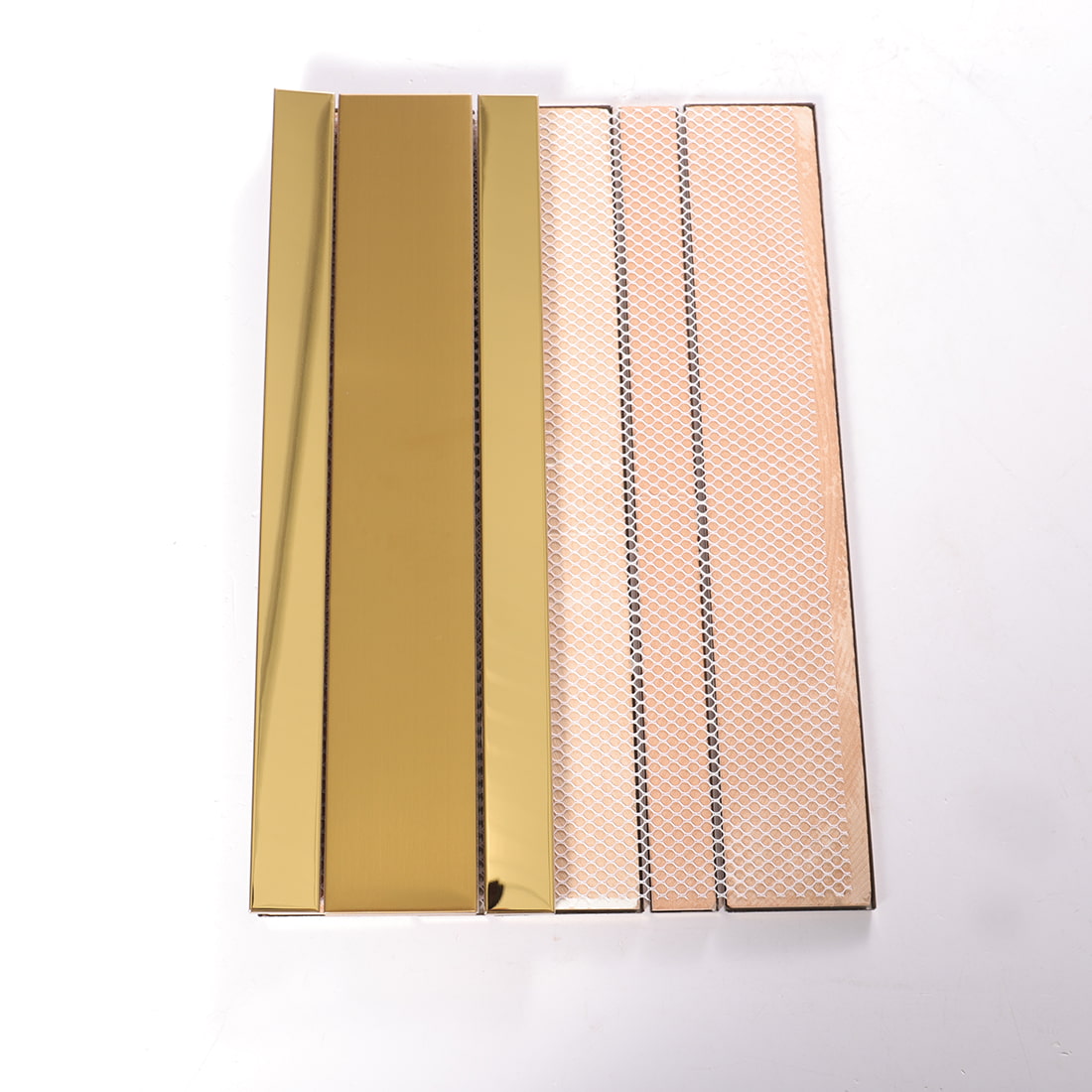 Back view of gold strip metal mosaic tile sheet