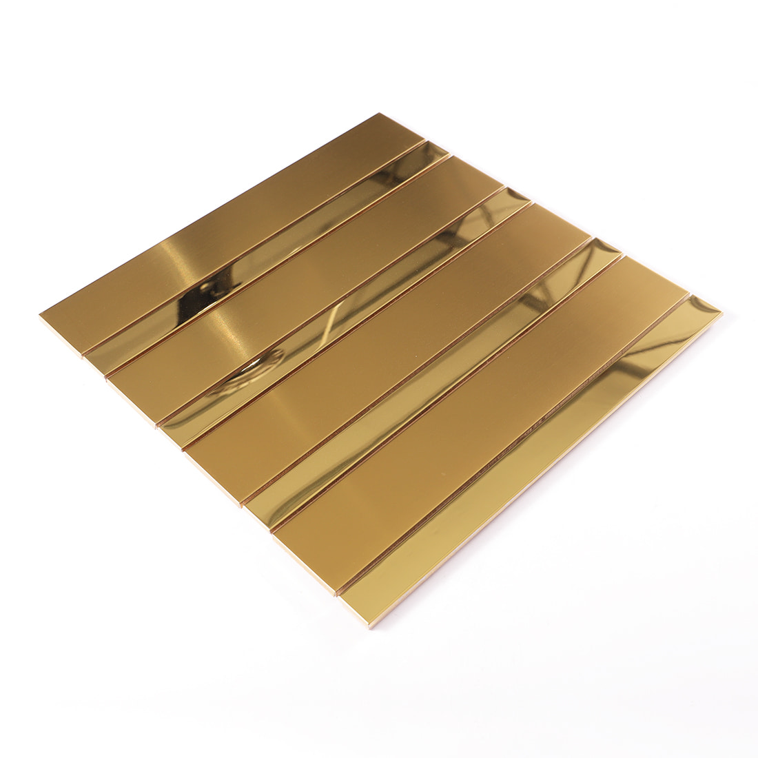 Perspective view of gold strip metal mosaic tile sheet