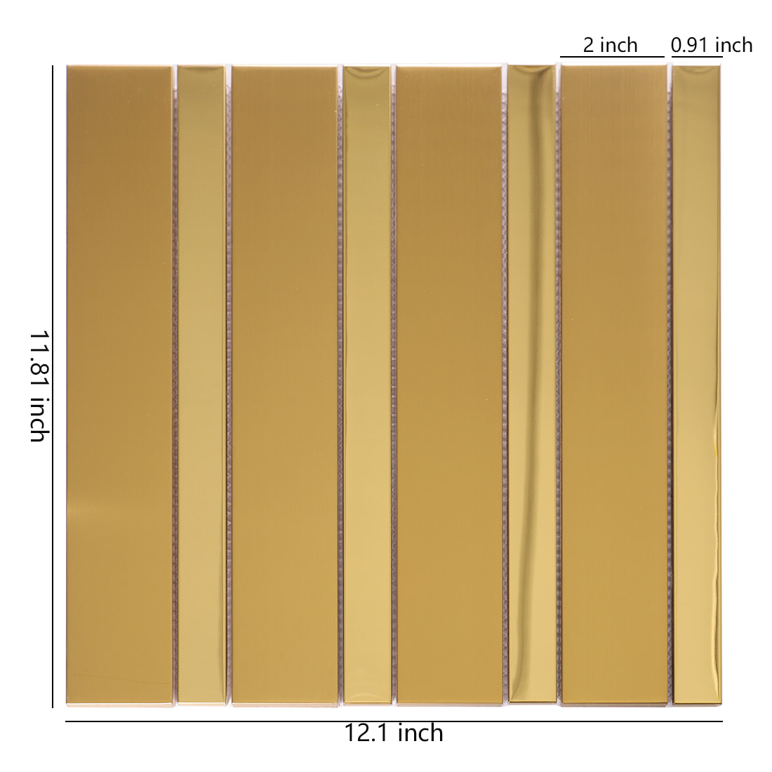 Gold strip metal mosaic tile sheet with size details