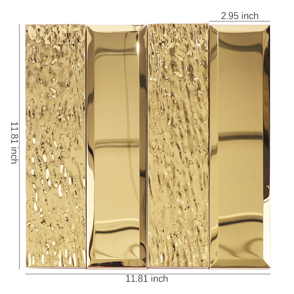 Gold beveled and textured metal mosaic tile sheet front view