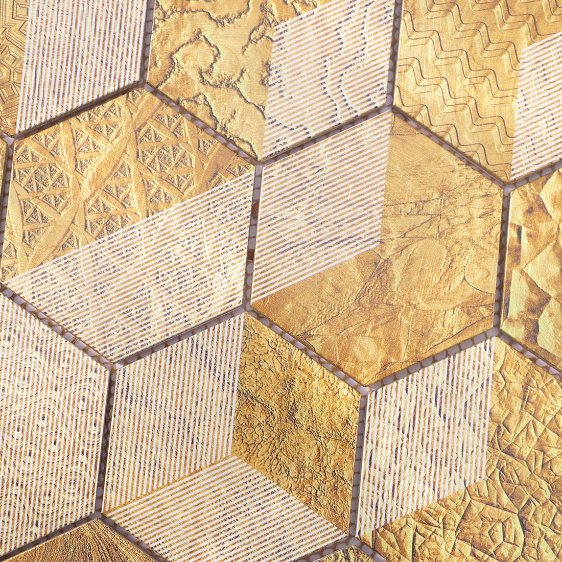 High angle view of gold textured pattern hexagon aluminum tile surface