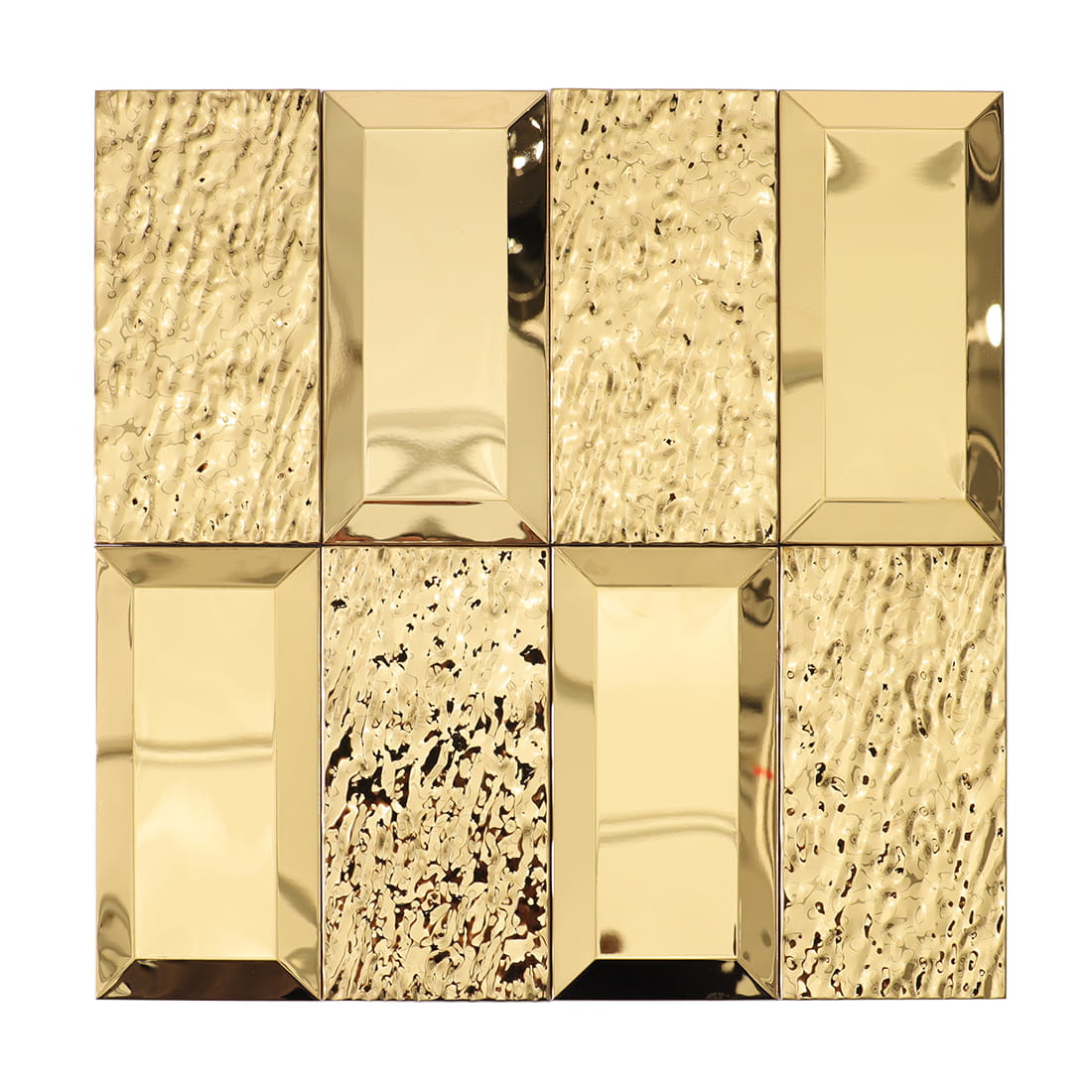 Full sheet of gold textured rectangular metal mosaic tiles