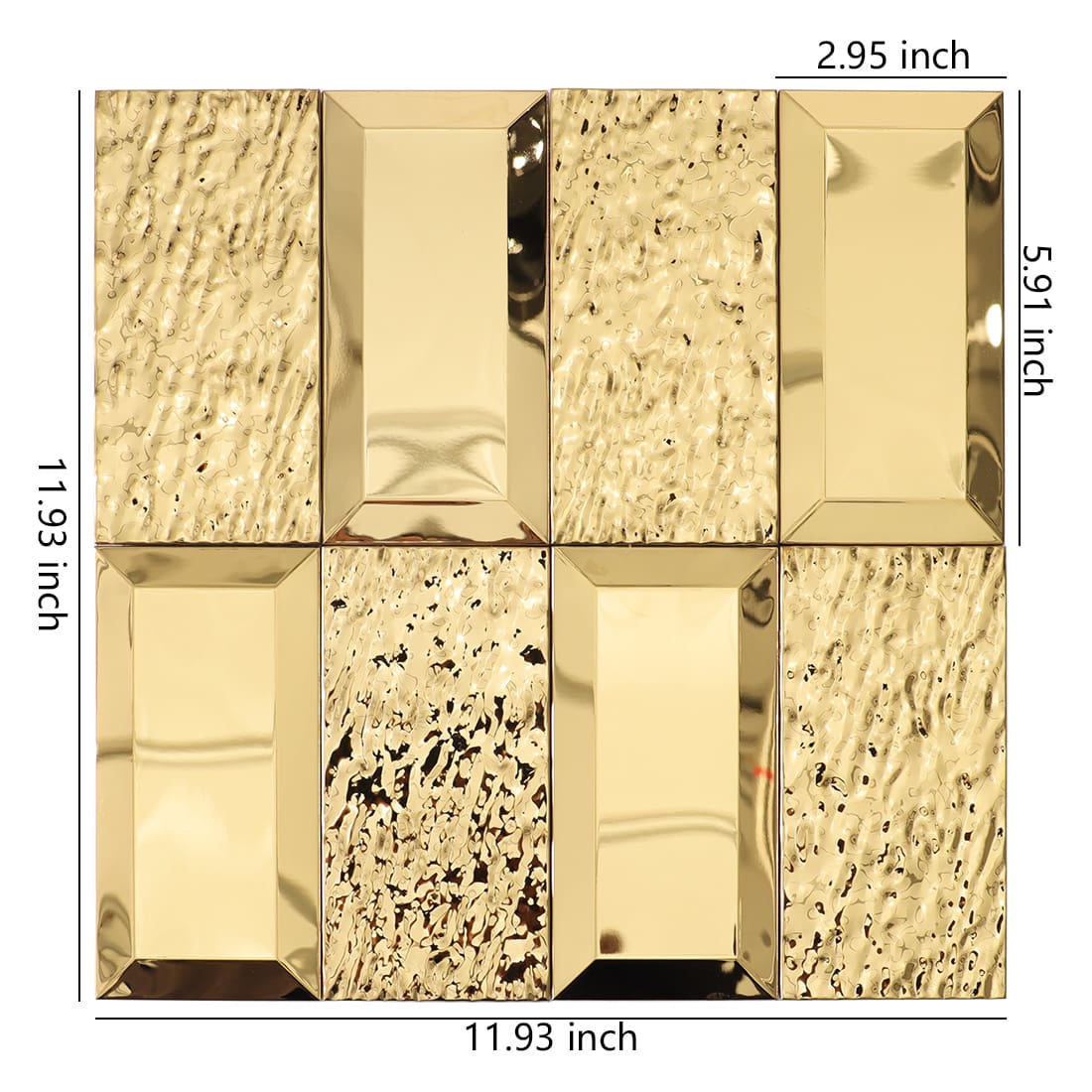 Gold textured rectangular metal mosaic tile sheet with size details