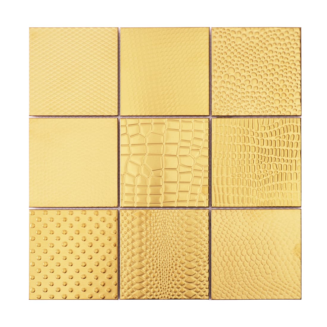 Gold textured square metal mosaic tile panel with varied surface patterns