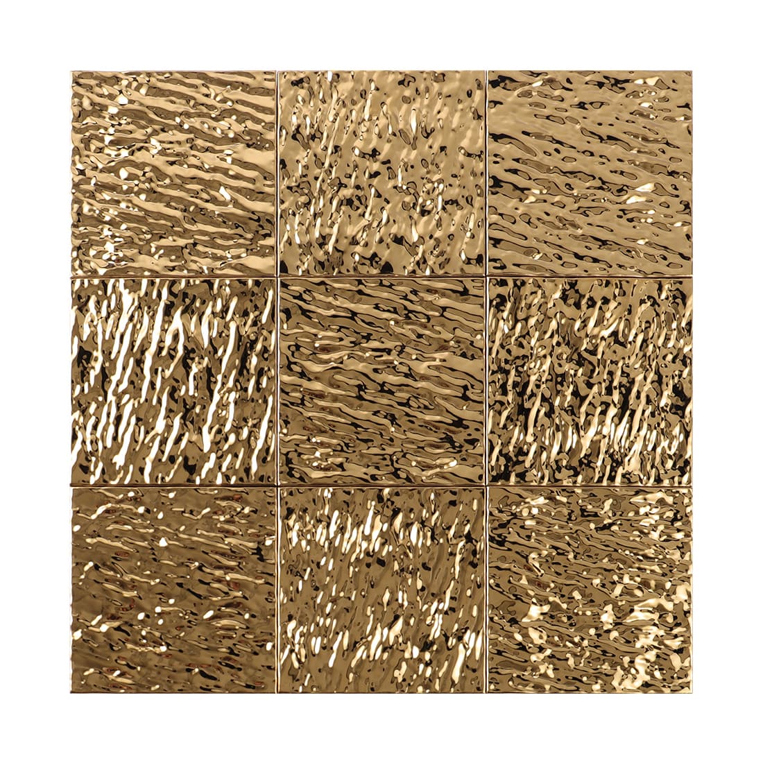 Gold textured square metal mosaic tile with reflective hammered finish