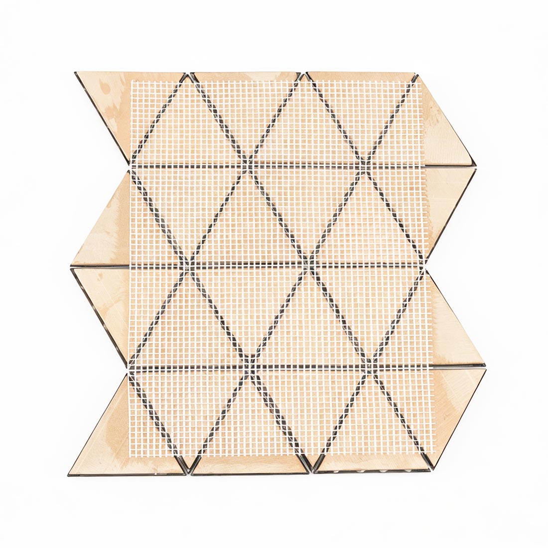 Back view of mesh mounted gold triangle metal mosaic sheet