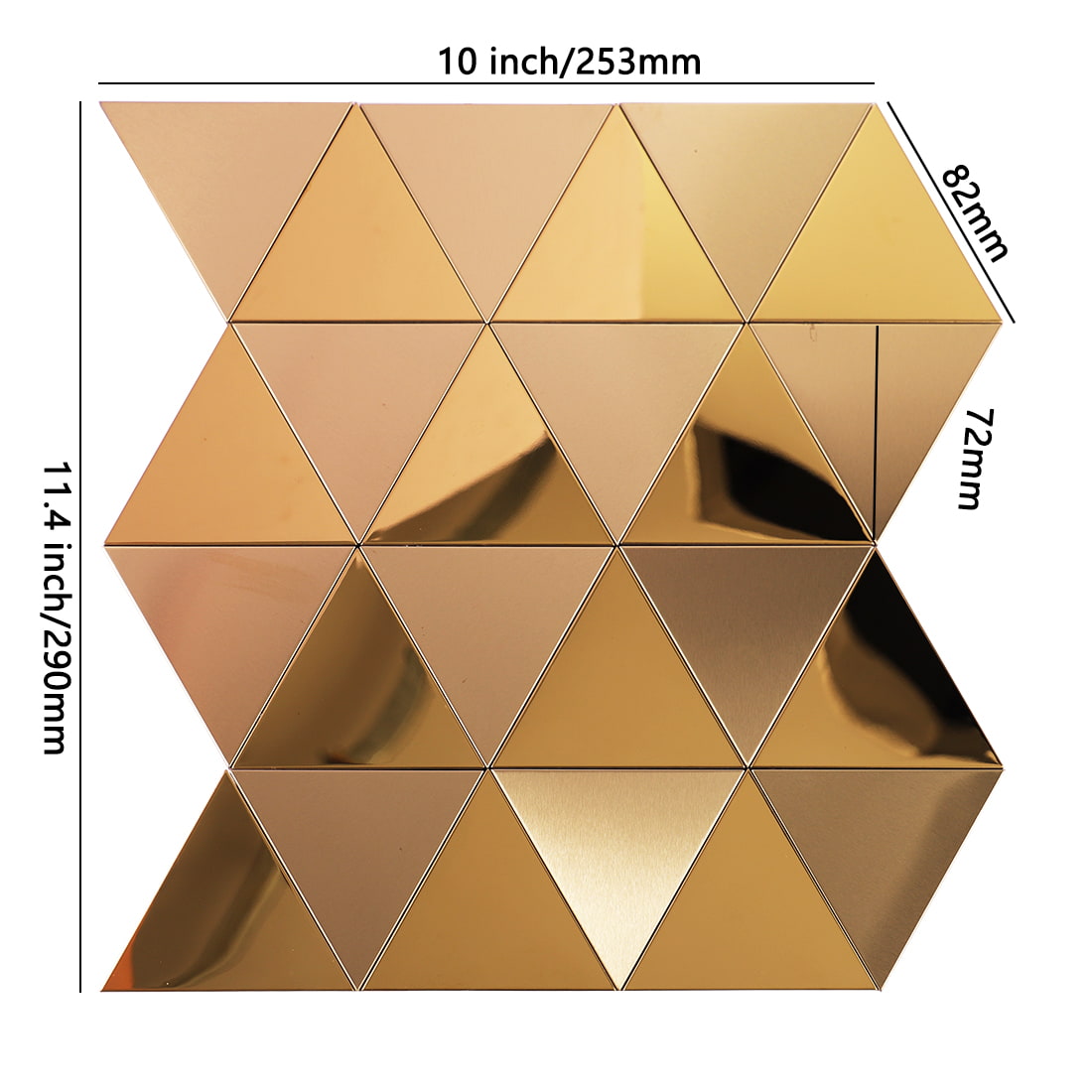 Gold triangular metal mosaic tile sheet with dimensions 11.4 by 10 inches.