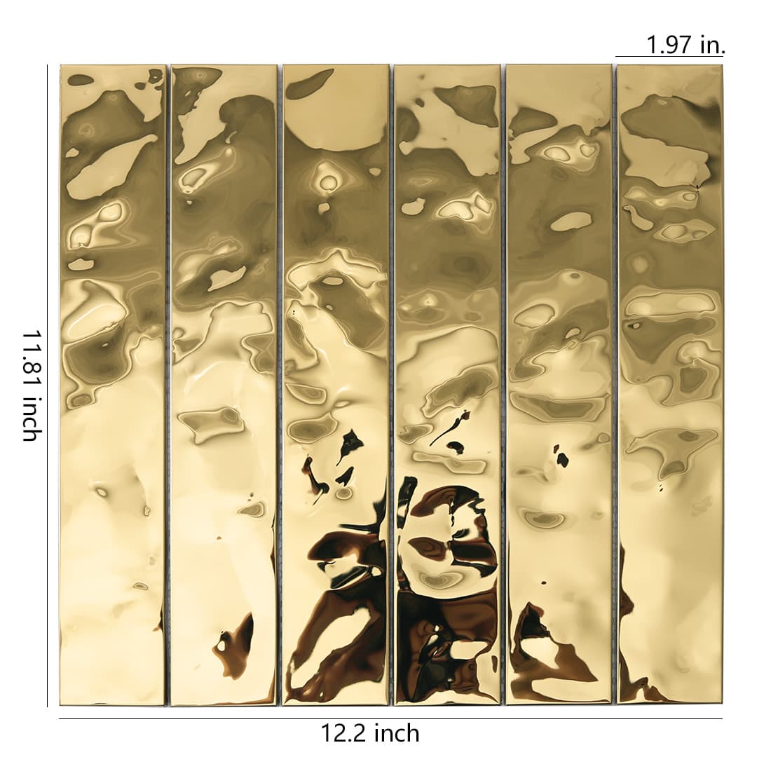 Front view of gold water ripple stainless steel tile with dimensions.