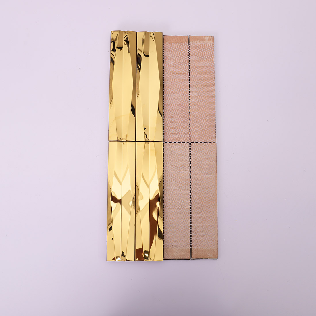 Gold wavy linear stainless steel mosaic tile sheet with mesh backing