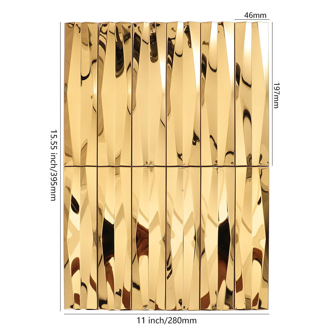 Gold wavy linear stainless steel mosaic tile sheet with 46mm by 197mm pieces