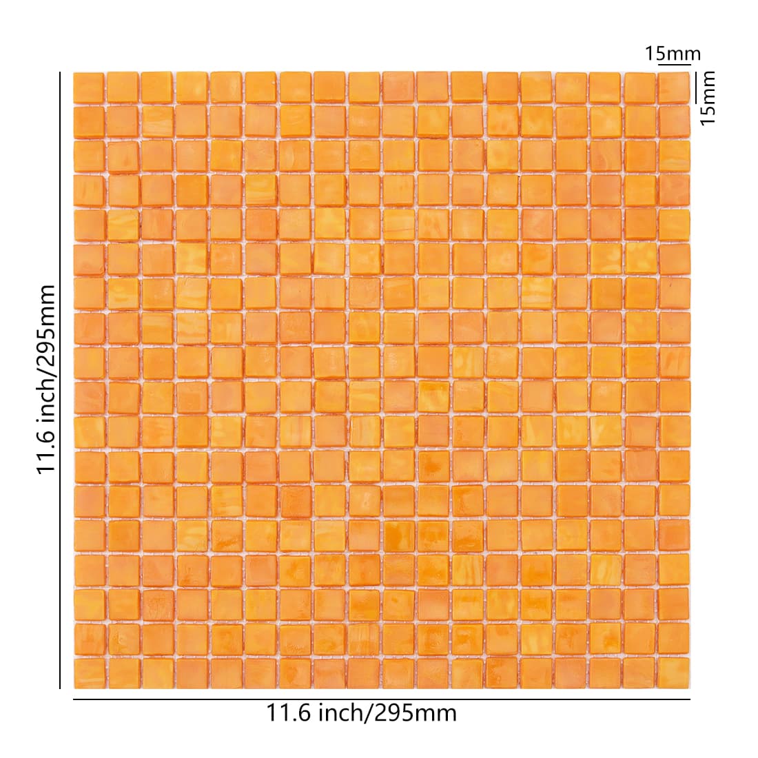 Golden orange square glass mosaic tile sheet with size details