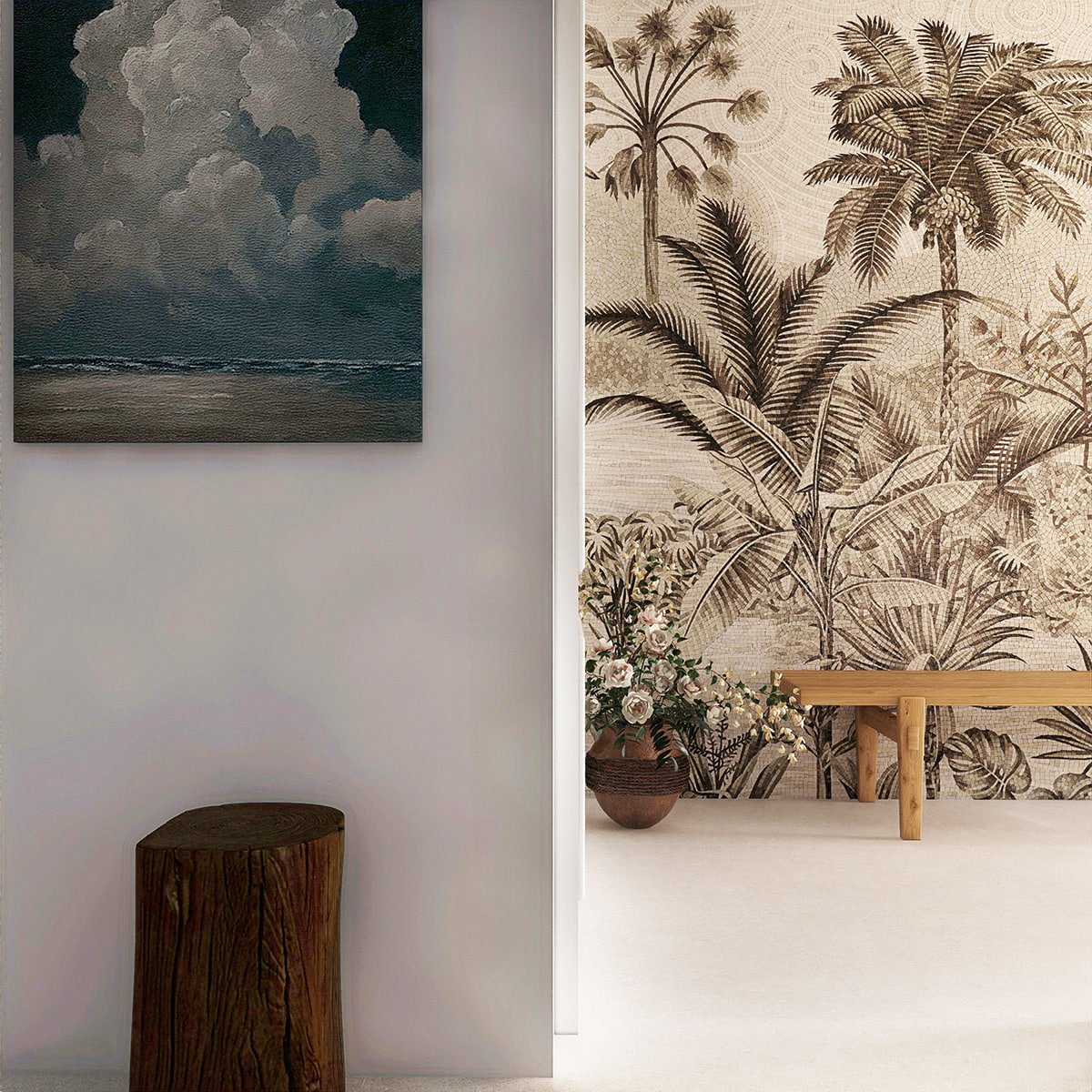 Black and White Tropical Palm Leaf Mosaic Mural – Handmade Glass Wall Art for Luxury Bathroom & Modern Interiors-Woos Tiles