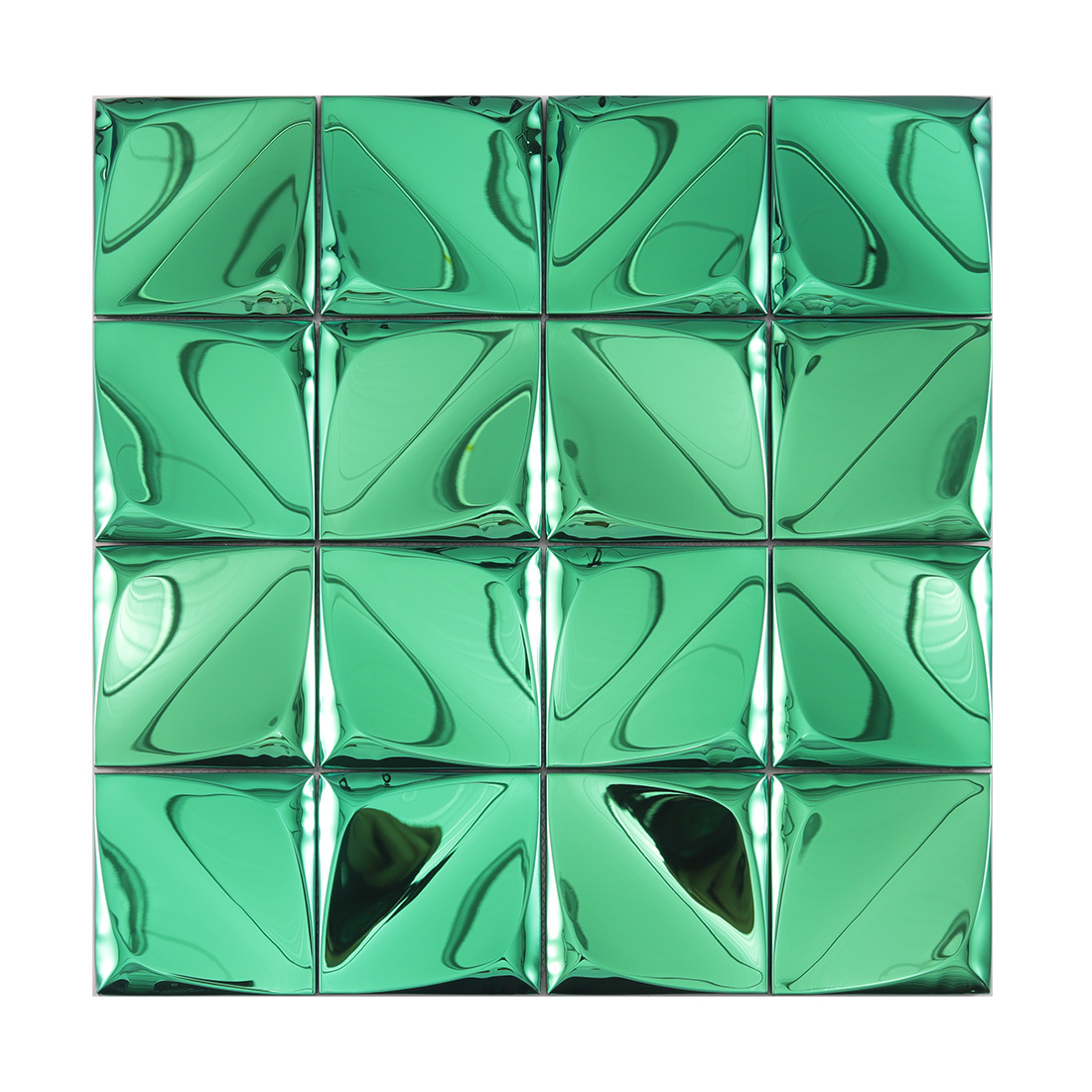 Full sheet of green 3D square metal tiles with glossy raised surface