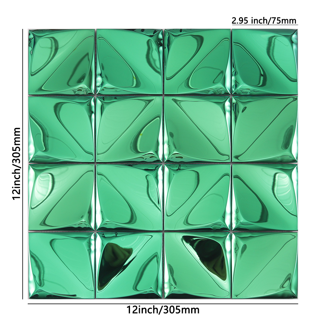 Green 3D square metal tile sheet with 75mm raised pyramid chips