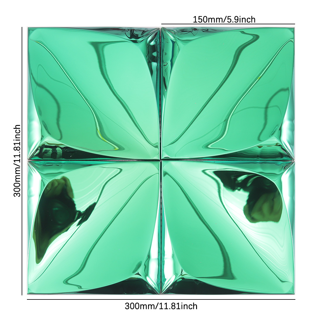 Green 3D square metal tile sheet with four raised pyramid panels and size marks