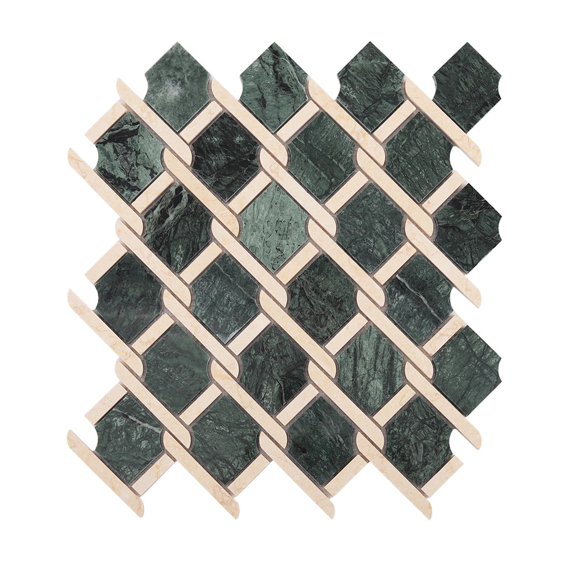 Full view of green and beige chain link marble mosaic tile pattern