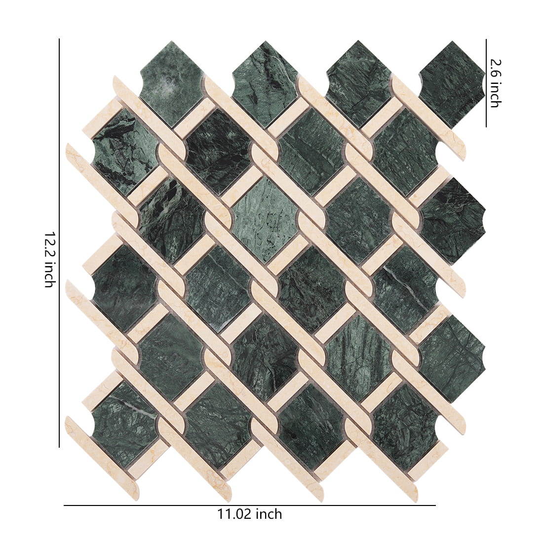 Green and beige chain link marble mosaic tile sheet with geometric pattern and size