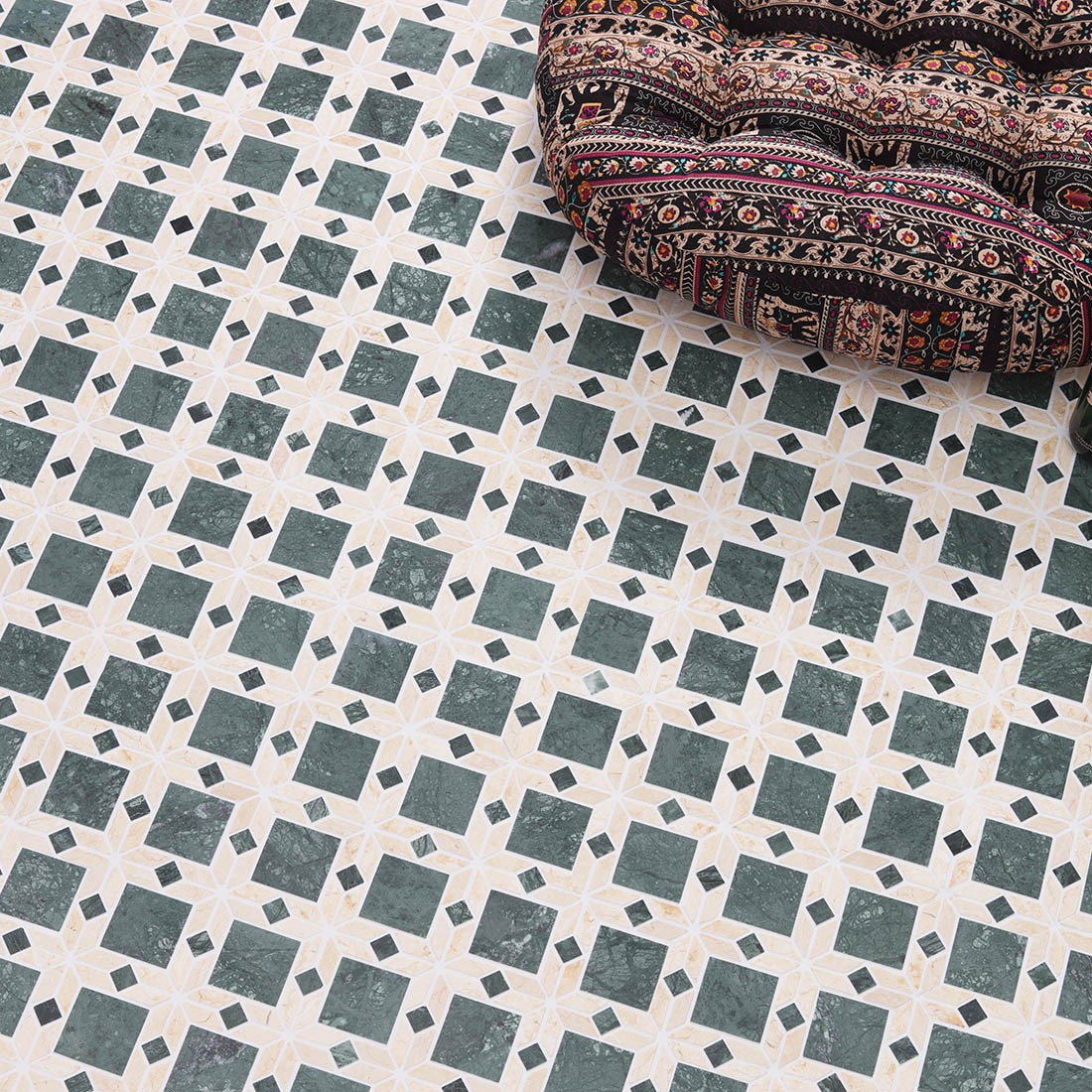 Green and beige diamond marble mosaic floor tile with decorative floor cushion