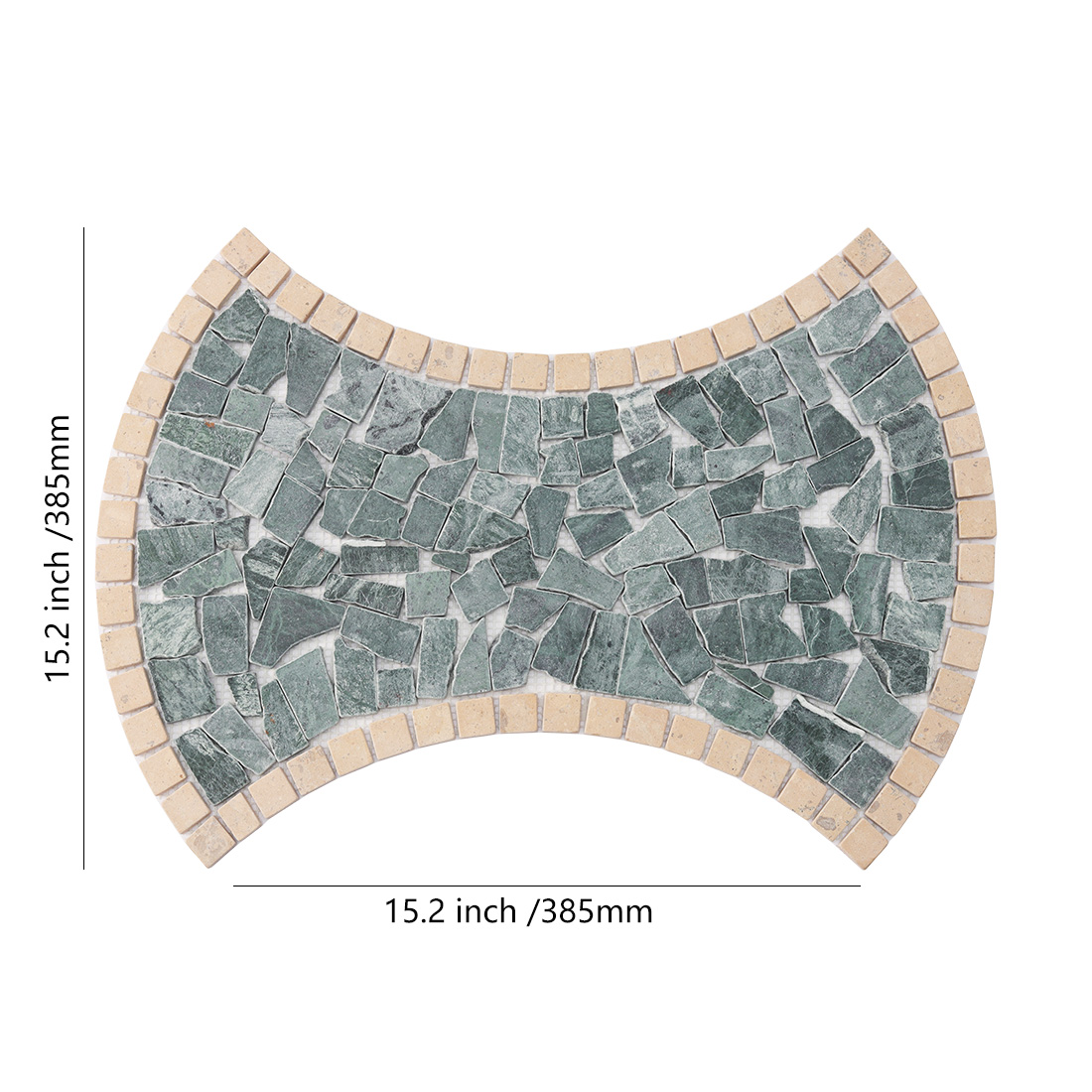 Green and beige marble irregular mosaic tile with dimensions.