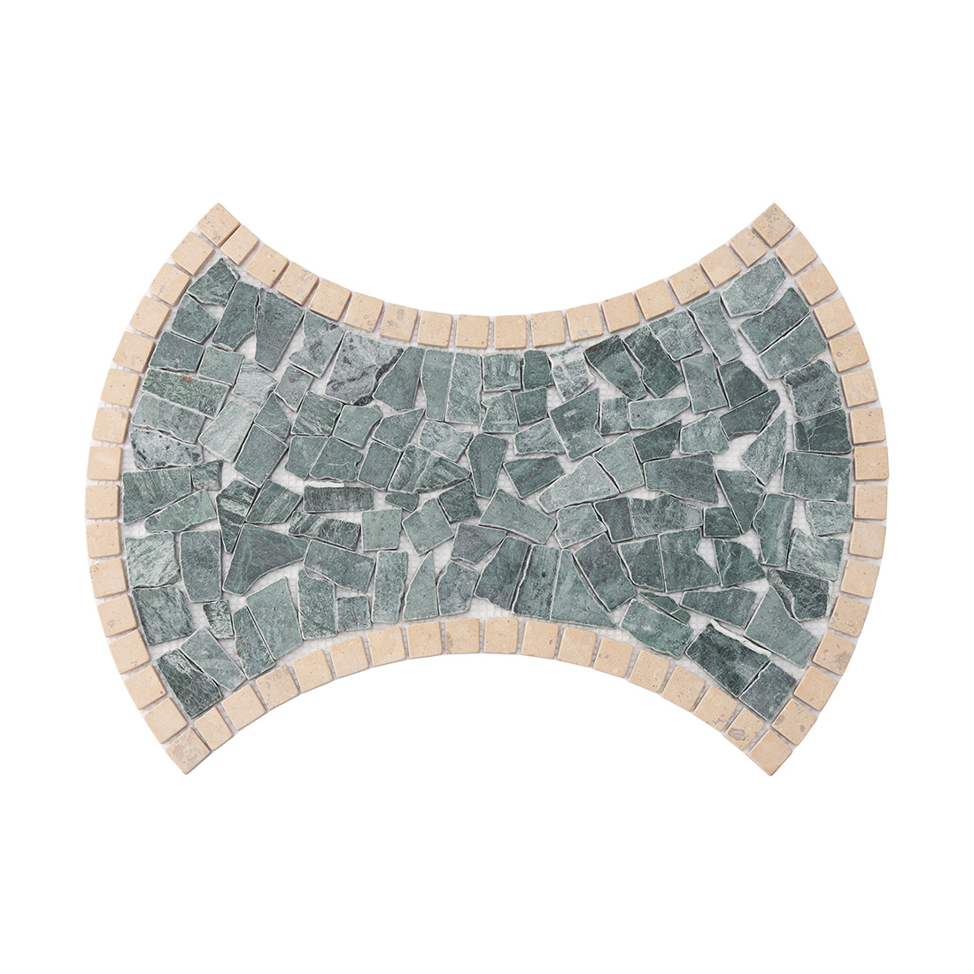 Front view of green and beige marble irregular mosaic tile.