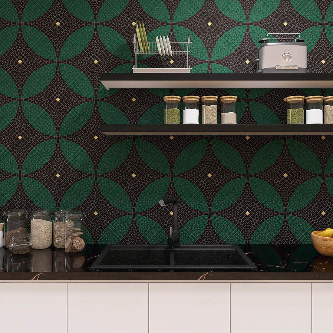 Modern kitchen backsplash featuring green and black four-leaf clover glass mosaic tiles with 24K gold accents.