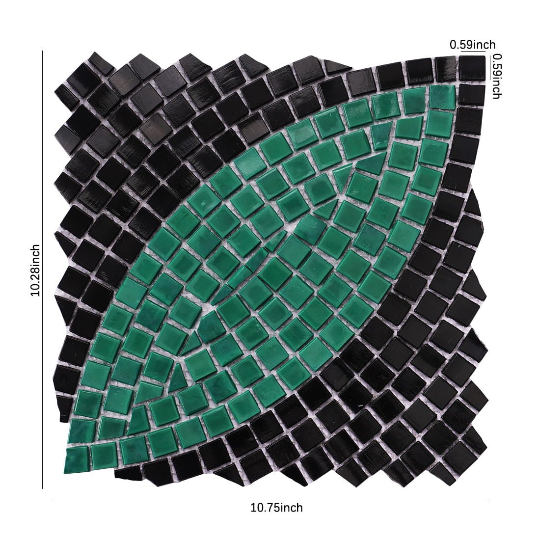 Green and black glass mosaic tile sheet with four-leaf clover pattern showing size dimensions.