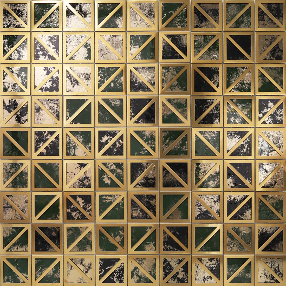 Repeated wall pattern of gold framed square mosaic in green black and silver