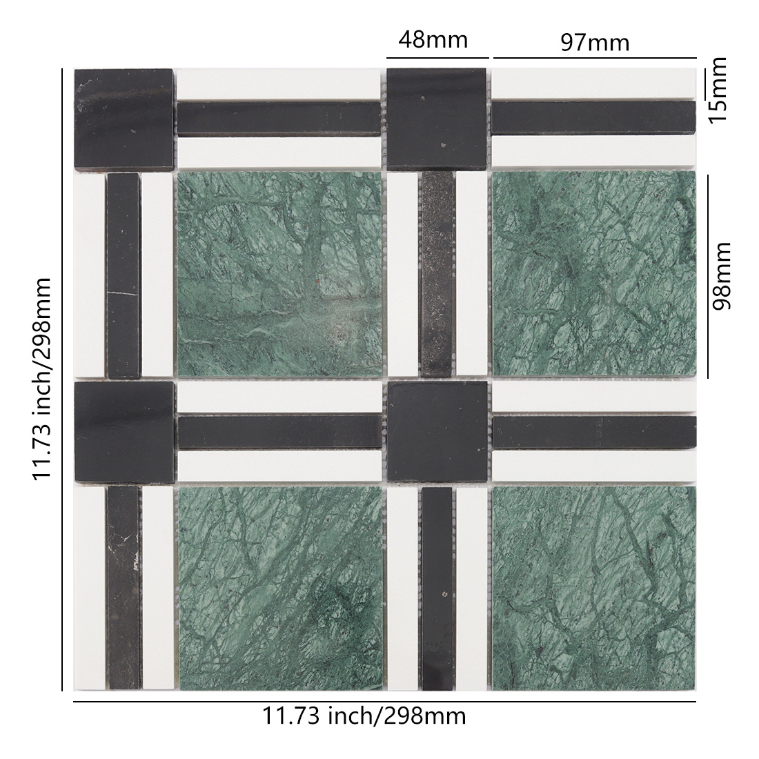 Green black white plaid marble mosaic tile with square and strip pattern