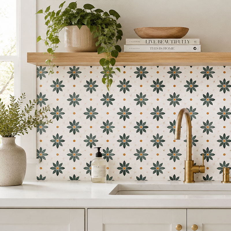 Green daisy tile backsplash with brass faucet and wood shelf decor