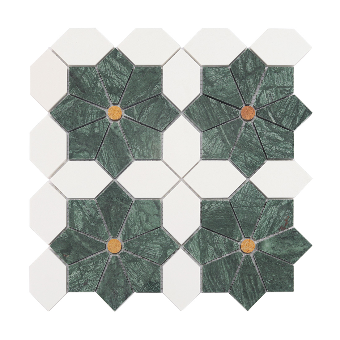 Front view of green flower marble mosaic tile with white picket accents